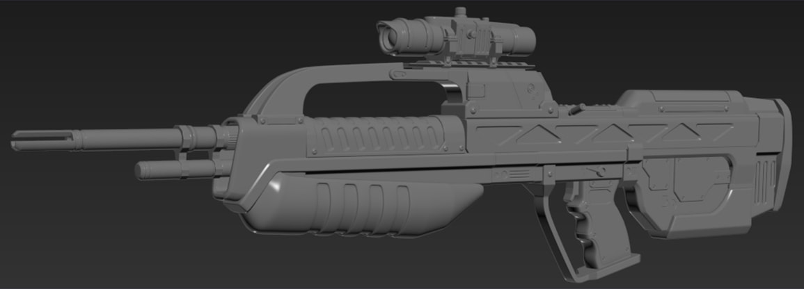 An un-textured render of the high-poly model for the mod's Battle Rifle, based on the above concept.