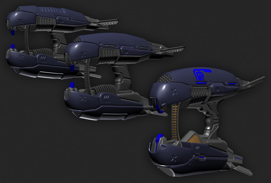 A series of renders showing different iterations of the mod's plasma rifle.