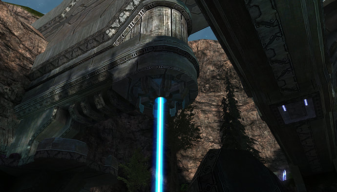 The towering entrance to the island's security station, a bright blue beamof energy being projected out of its nose, with a large bridge crossing the pit in which it is located.