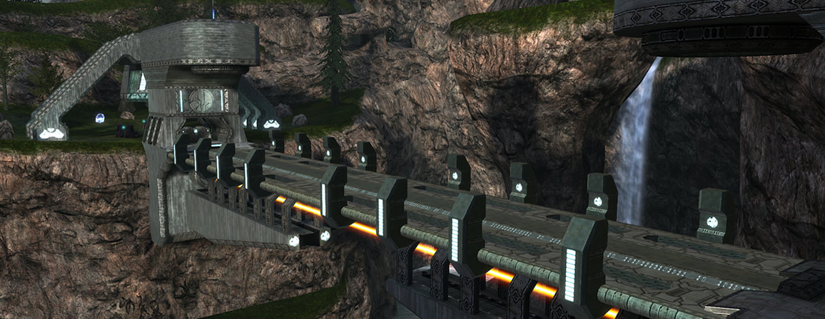 The island's security zone bridge, a physical crossing from one side of a chasm over the ocean to another.
