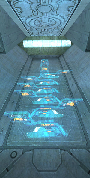 An array of blue holograms on a wall in Halo: CE.