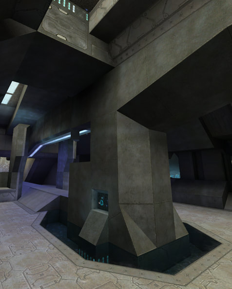 A large metal device inset in a glass floor in Halo: CE, with tan, purple, and blue light cast from various devices, fading to soft darkness at the ceiling.
