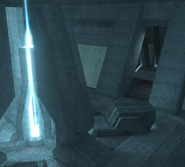 A Forerunner generator room in Halo 3, with a uniform blue tint on its metal.