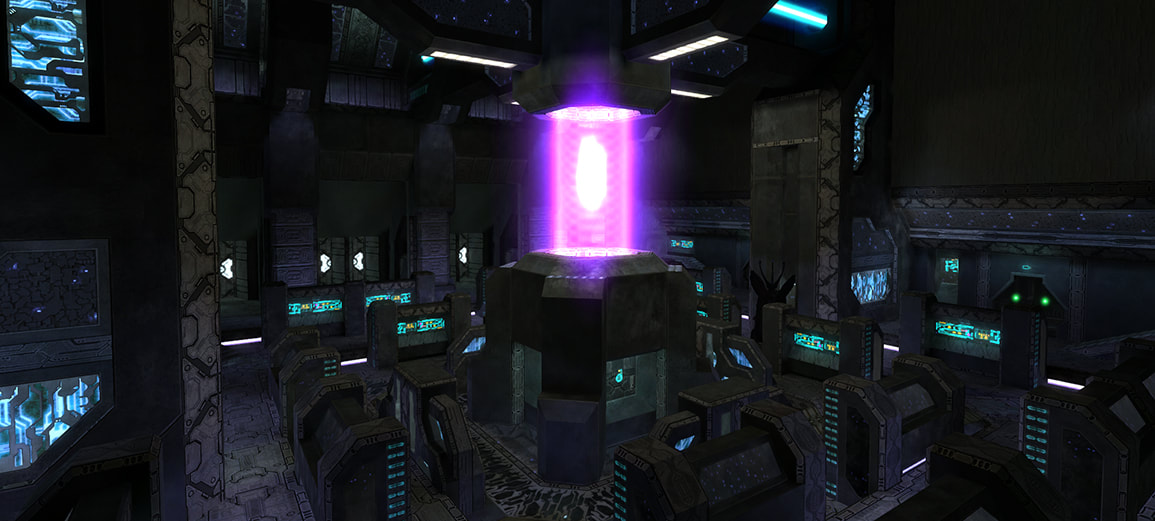 A room densely populated by alien servers surrounding a large pink energy beam in the center.