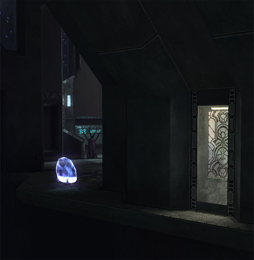 A brightly-lit recessed area in a metal wall, with darker areas surrounding it and a mix of soft hues visible in the background structures.