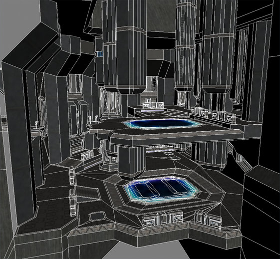 A wireframe render of the two-tiered Hunter elevator arena.