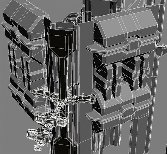 A wireframe render of the exterior of the arena, a large industrial-looking structure.