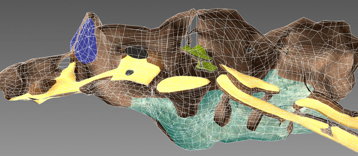 A wireframe render of the cave terrain path surrunding the Hunter complex.