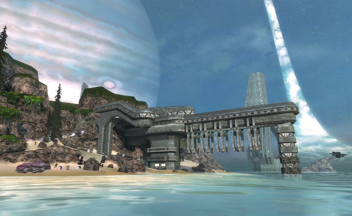 A long shot of the LZ beach, with the Master Chief distantly visible charging up to meet the Covenant.