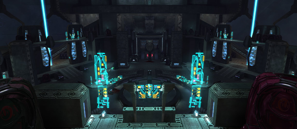 The cavernous Cartographer map room, energy beams on either end glowing bright blue.