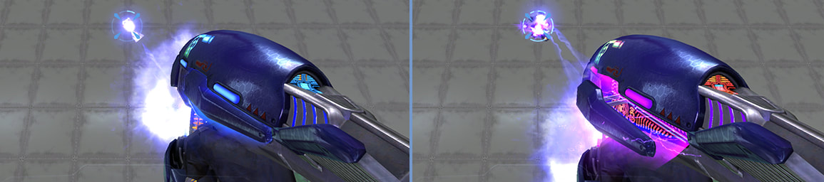 A side-by-side comparison of the Plasma Rifle's vents expanding to emit sparks and colorful energy.
