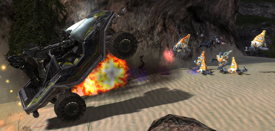 A warthog, painted gaudy black-and-yellow, goes flying as a rocket fired by its gunner explodes directly underneath its front wheels.