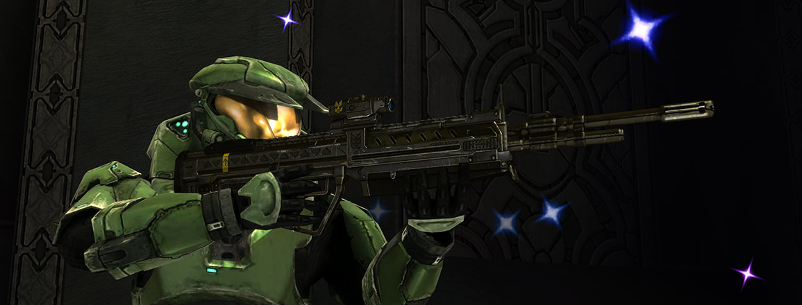 The Master Chief holding a gold-plated DMR, rainbow-colored sparks floating around the gun.