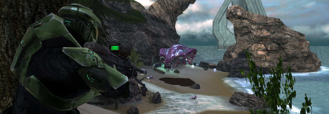 The Master Chief, on a distant cliff, surveys the map's first combat encounter.