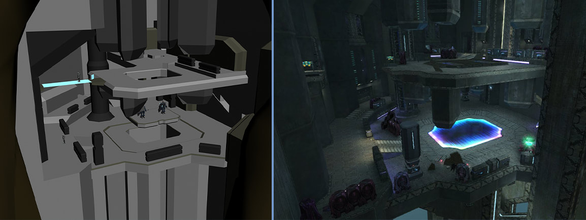 A side-by-side comparison of a crude 3d sketch of the mod's Hunter arena next to a near-completed version.