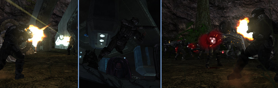 A collage of ODSTs infighting and leaping off of cliffs, part of a sequence from the mod's Noble mode.