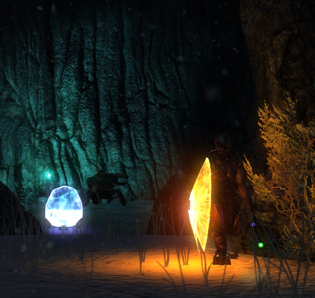 A Jackal's bright energy shield lights up a plant in a dark snowy landscape, with a bright-blue torch casting craggy shadows on a nearby cliff.