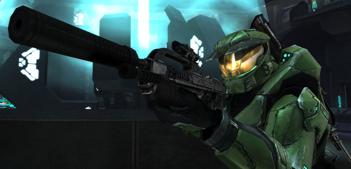 The Master Chief holds a Battle Rifle with a comically-oversized silencer and flashlight attachment.