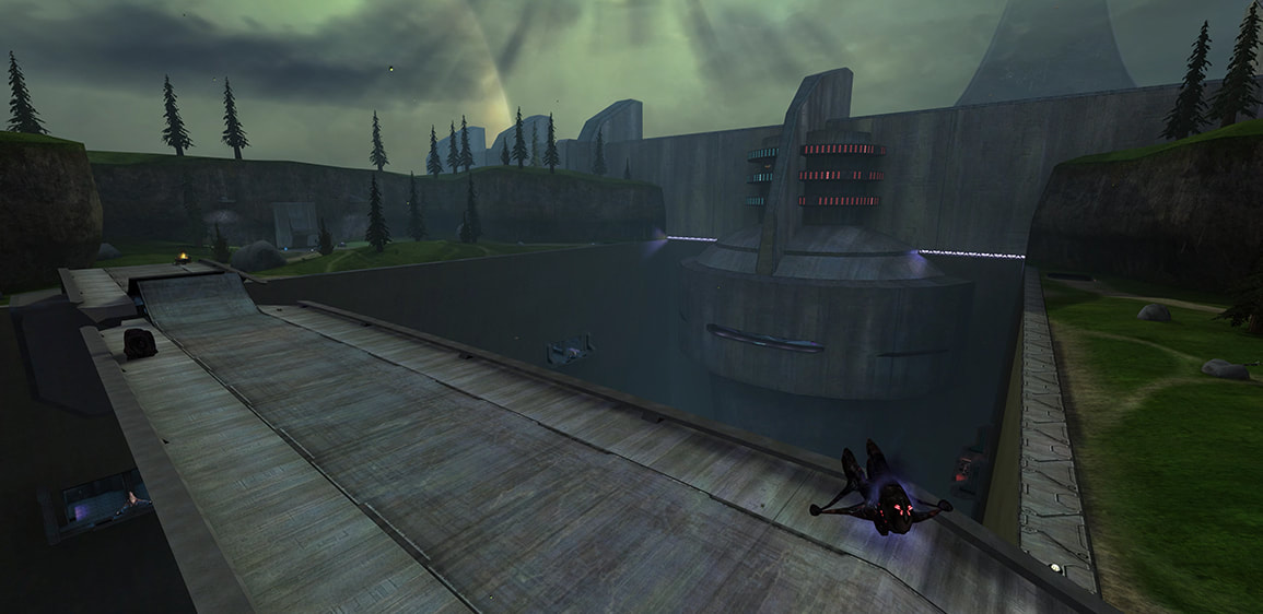 A screenshot of Precipice, a large multiplayer map set under a stormy overcast sky.