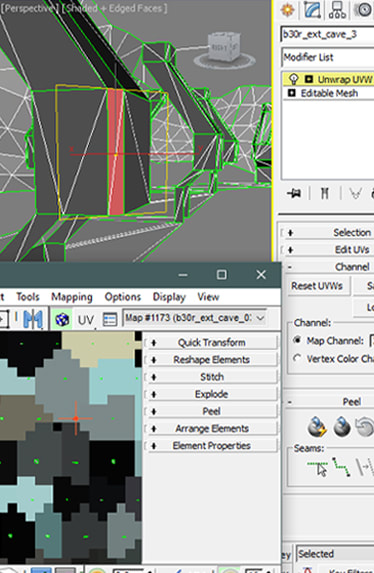 A screenshot of 3DS max, illustrating how distorted model UVs resulted in bad lighting.