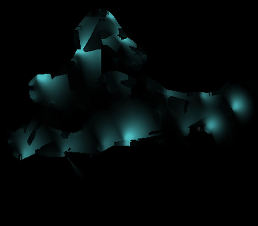 A standalone lightmap texture, showing parts of geometry that are illuminated or shaded by bright teal light sources.