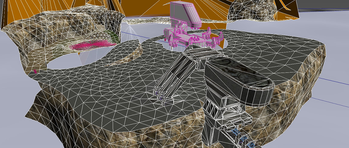 A wireframe view of the original security zone: a flat open arena with two large buildings.