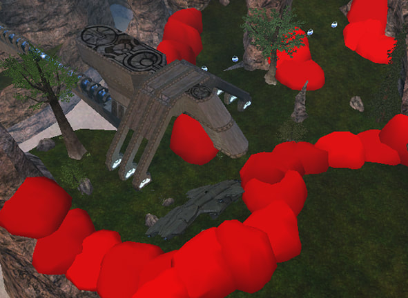 A blockout of the level's Pelican crash site, arena walls mapped out with large red spheres.