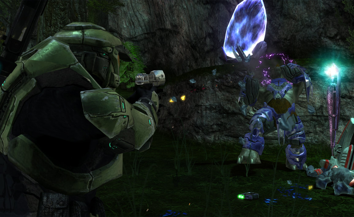 The player aiming a pistol at a Brute, which is staggered after having its helmet damaged.