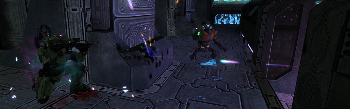 The player crouching behind cover, cowering in fear from a Grunt, while holding a Battle Rifle and Carbine.