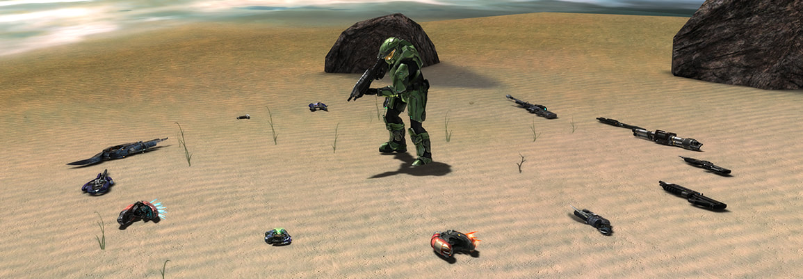 The Master Chief looking at the mod's weapons lying in a circle on the ground around him.