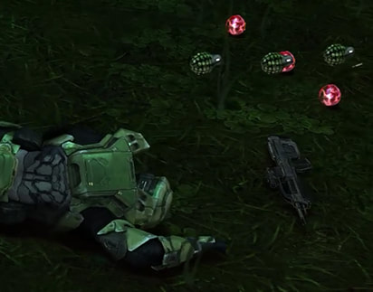 The Master Chief lies dead on the ground, a Battle Rifle just out of his hand's reach.