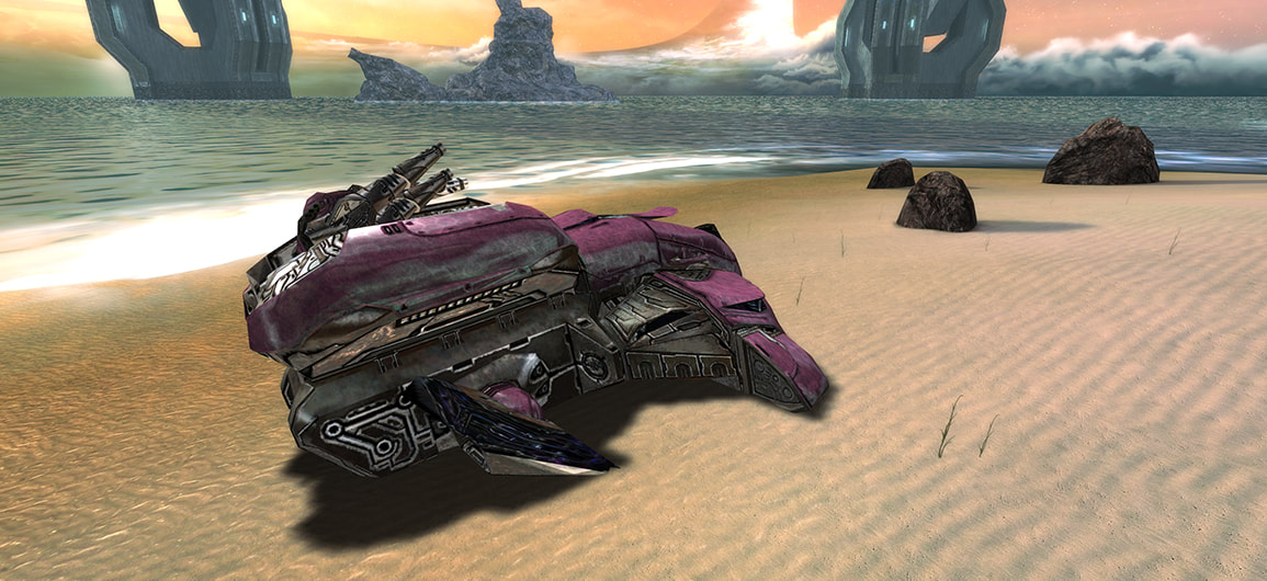 A destroyed Wraith tank casting a shadow on the sunny beach.