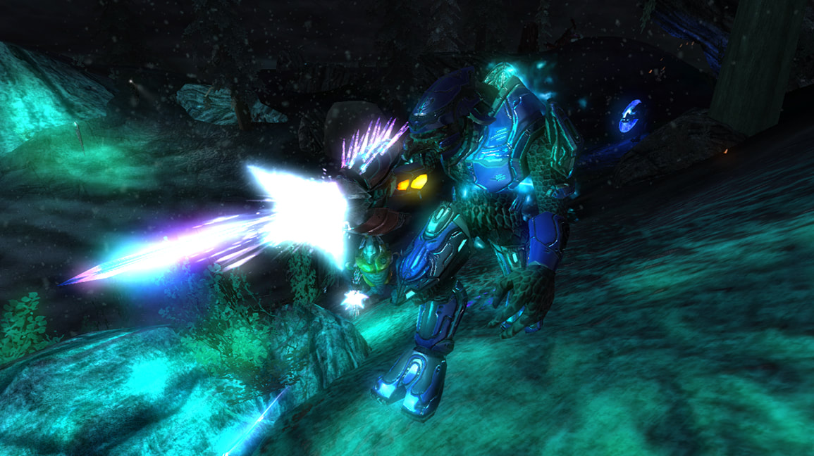 A screenshot of T&R 2012, with a dramatically-lit Elite firing a Needler.